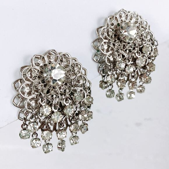Vintage Mid Century Prong Set Rhinestone Chandelier Silver Tone Clip On Earrings - Picture 4 of 12